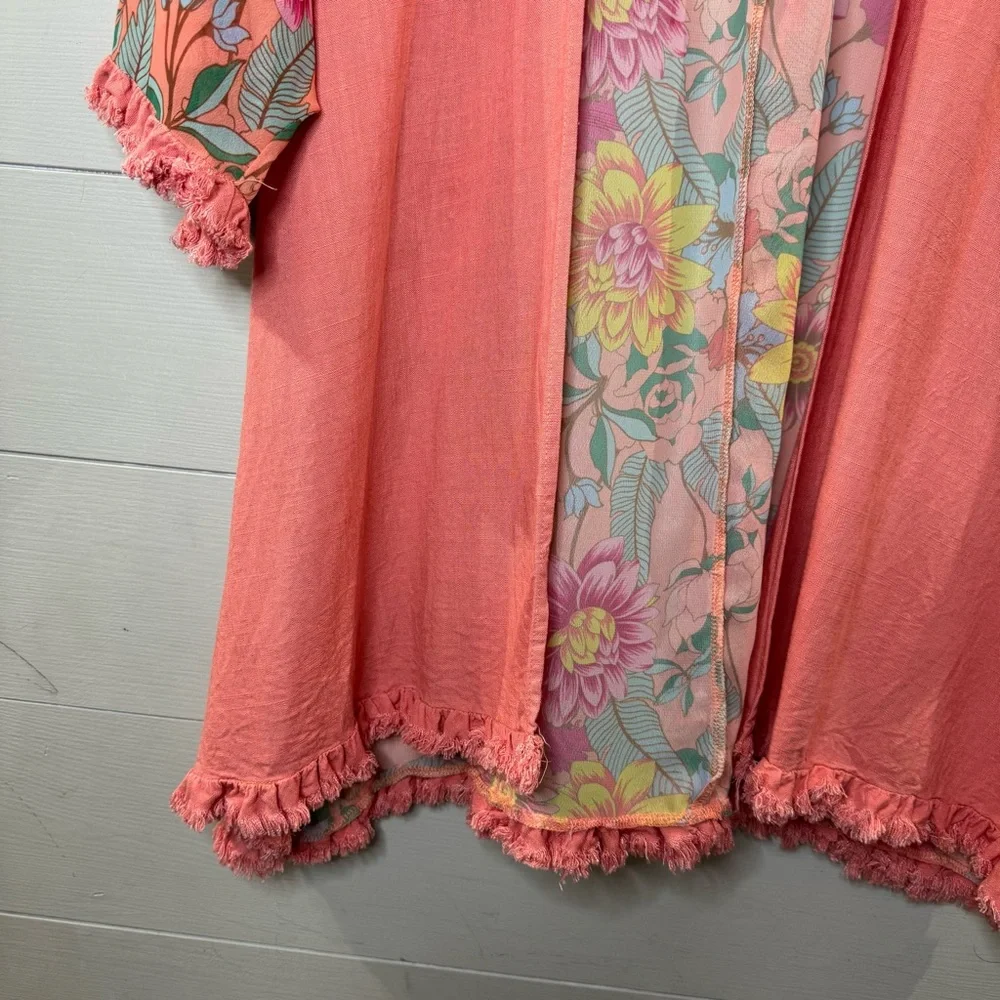 Umgee Coral Floral Kimono Duster Fringe Trim Boho Cardigan Size Small / Medium - Picture 6 of 13